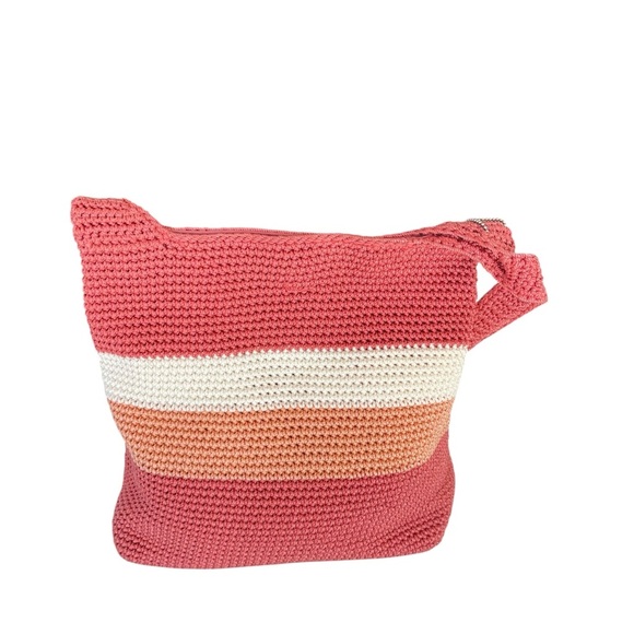 The Sak Crochet Shoulder Bag Pink Orange White Striped Hobo Purse - Picture 4 of 12